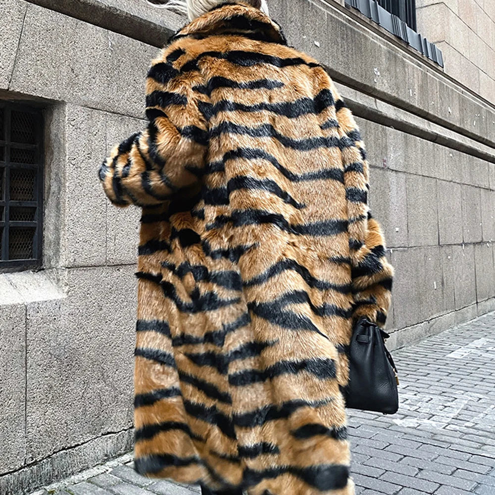 2026 Winter Plus Size Faux Fur Long Coat Women Tiger Long Sleeve Fluffy Jacket Ladies Large Thick Warm Furry Cardigan Outwear