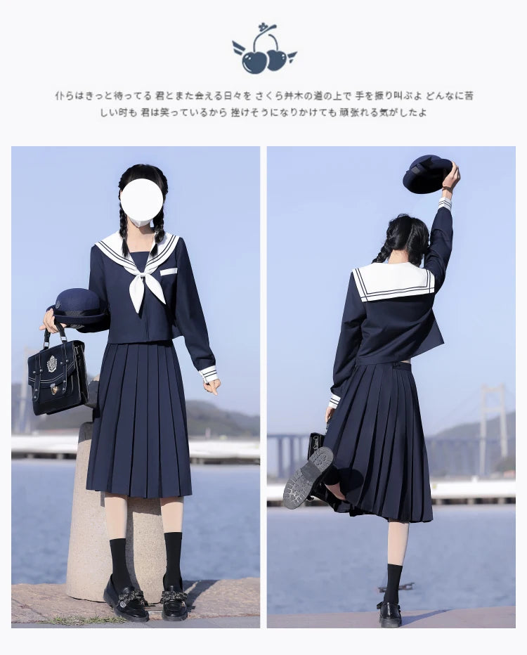 65cm longuette JK Uniform Sets Japanese Women girls uniform dark blue Short/long Sleeve School Uniforms Sailor Pleated Skirt
