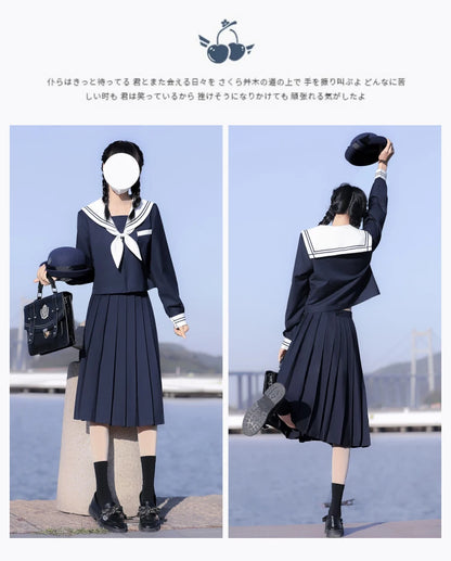 65cm longuette JK Uniform Sets Japanese Women girls uniform dark blue Short/long Sleeve School Uniforms Sailor Pleated Skirt