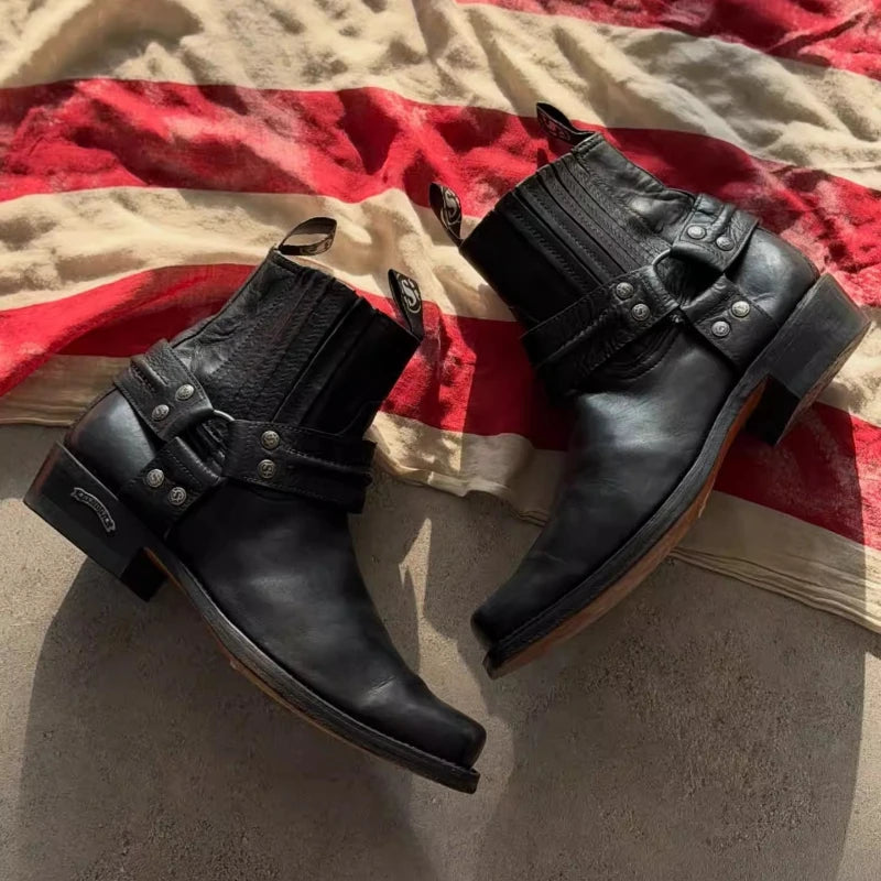 Black Short Boots for Women, Retro Distressed Boots, Square Toe Thick Heel Boots,moto Increased Mid-century Boots