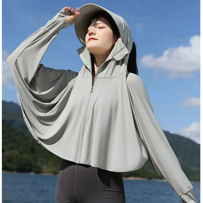 Solid Color Sunscreen Hoodie Long Sleeve Large Brim Hat Summer Sunscreen Shawl Thin Arm Sleeves Ice Silk Short Jacket Running