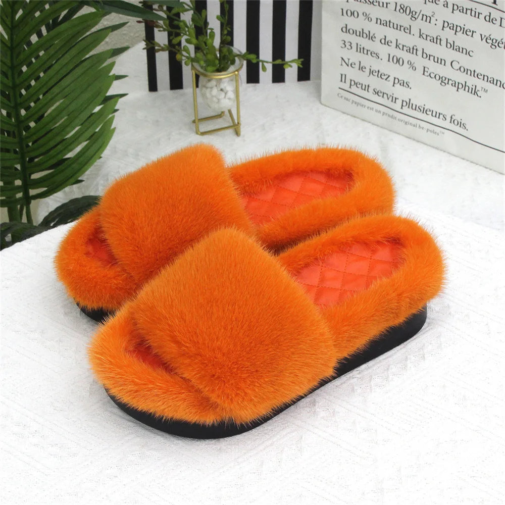 2026 Women Real Mink Fur Slippers Indoor Outdoor Luxury Shoes For Women Comfort Platform Fluffy Slipper Slides For Woman Summer