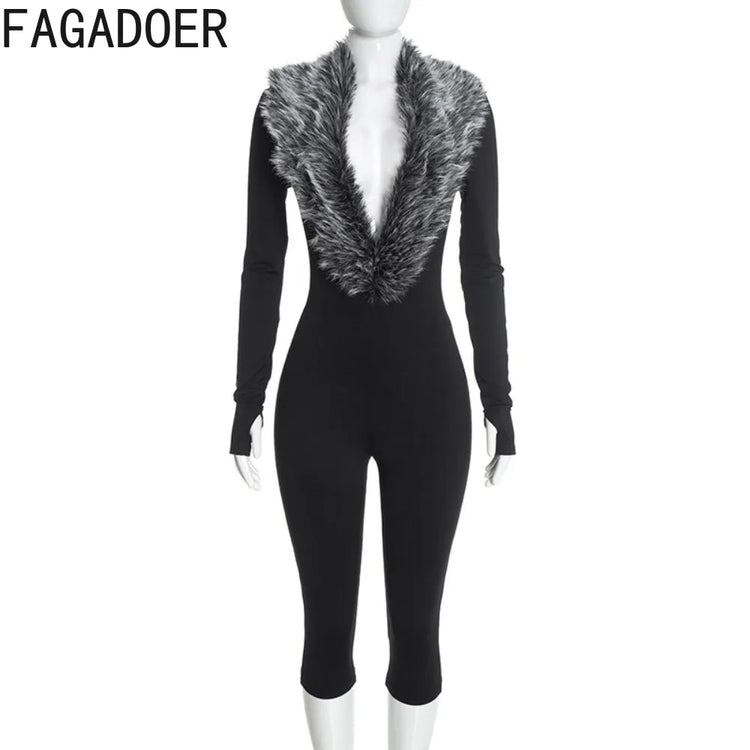 FAGADOER Women Bodycon One Piece Jumpsuit Faux Fur Patchwork Trim Deep V Long Sleeve Stretch Slim Fit Sexy Streetwear Outfit New
