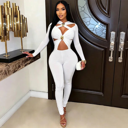 FLARORA Sexy Hollow Out Jumpsuits Woman Trend Metal Buckle Decoration Full Sleeve Skinny Peach Hip Party Club Street Overalls