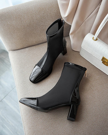 Sexy Air Mesh Zipper Female Boottes Summer Ponited Toe Ankle Boots Patchwork High Heesl Fashion Women Shoes Big Size 32-46