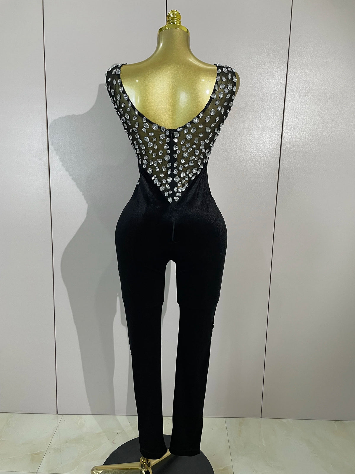 Sexy Sparkly Rhinestones Black Velvet Jumpsuit Women Performance Dance Costume Celebrate Club Luxury Birthday Party Stage Outfit