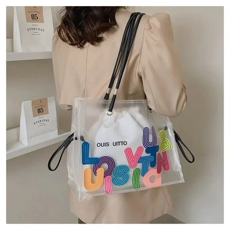 New FashionTransparent Tote Bag for Women Large Capacity Jelly Shoulder Handbag Versatile Casual Crossbody Bag for Spring Summer