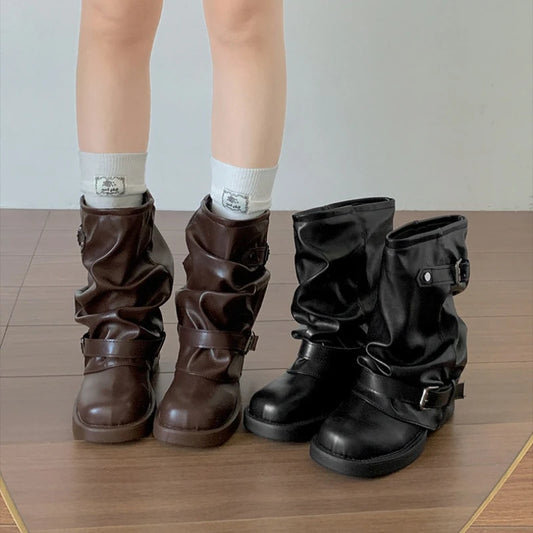 Autumn Women Slouch Mid Calf Cowboy Boots Double Metal Buckle Straps Leather Block Heel Shoes Motorcycle Short Boots