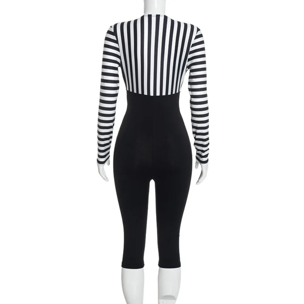 FLARORA Trend Stripe Color Blocking Jumpsuits Woman Deep V Neck Full Sleeve Bandage Skinny Peach Hip Sexy Party Club Overalls