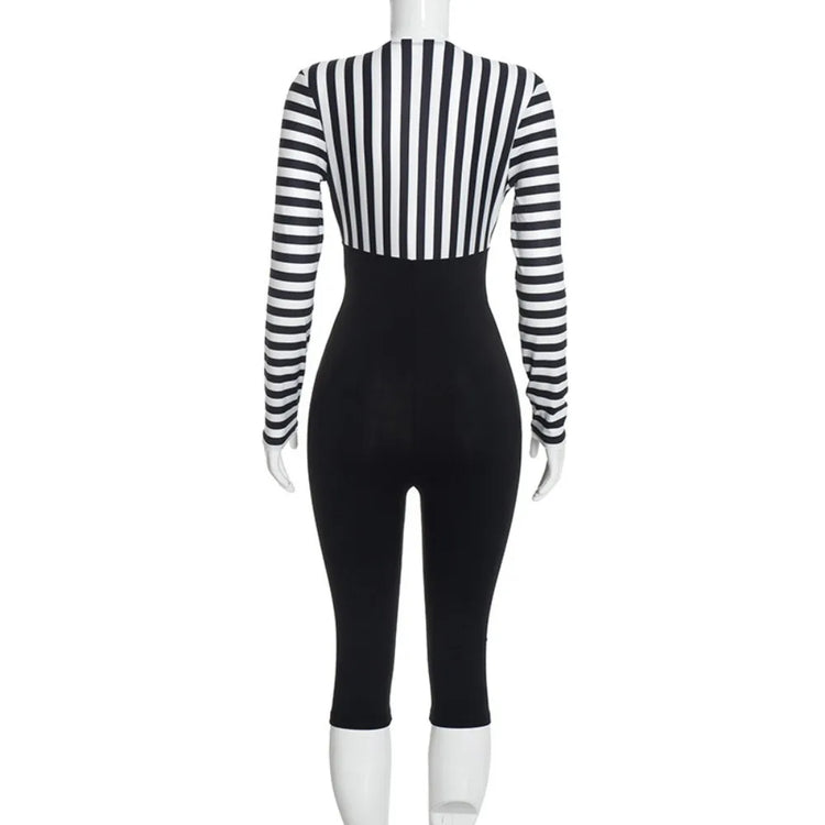 FLARORA Trend Stripe Color Blocking Jumpsuits Woman Deep V Neck Full Sleeve Bandage Skinny Peach Hip Sexy Party Club Overalls