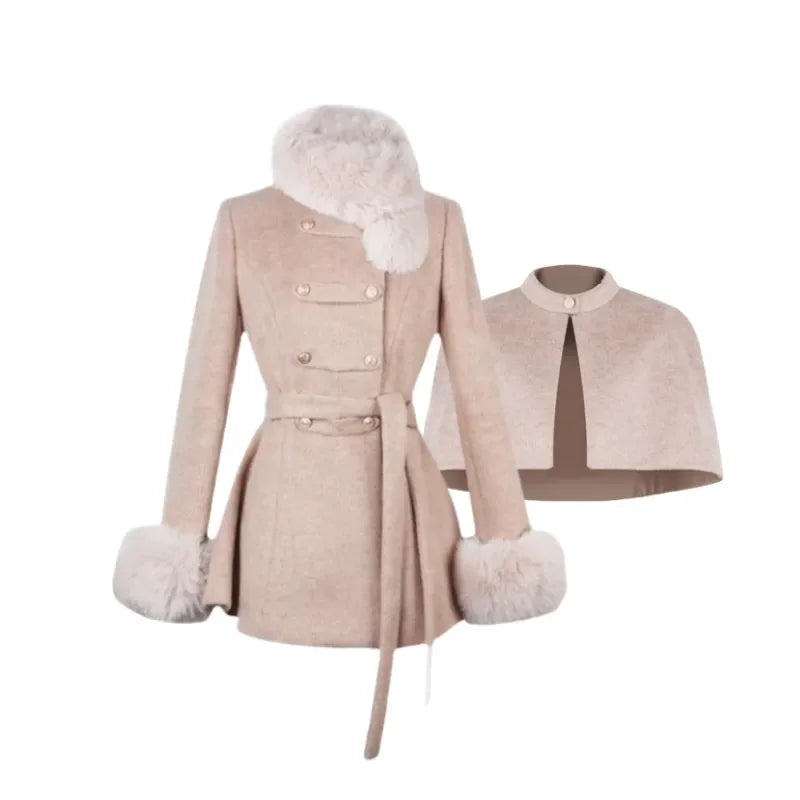 Winter French Vintage Elegant Wool Coat Woman Black Chic Shawl Cloak + Retro Loose Trench Overcoat Female Bandage Design Outfits