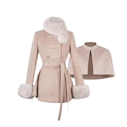Winter French Vintage Elegant Wool Coat Woman Black Chic Shawl Cloak + Retro Loose Trench Overcoat Female Bandage Design Outfits