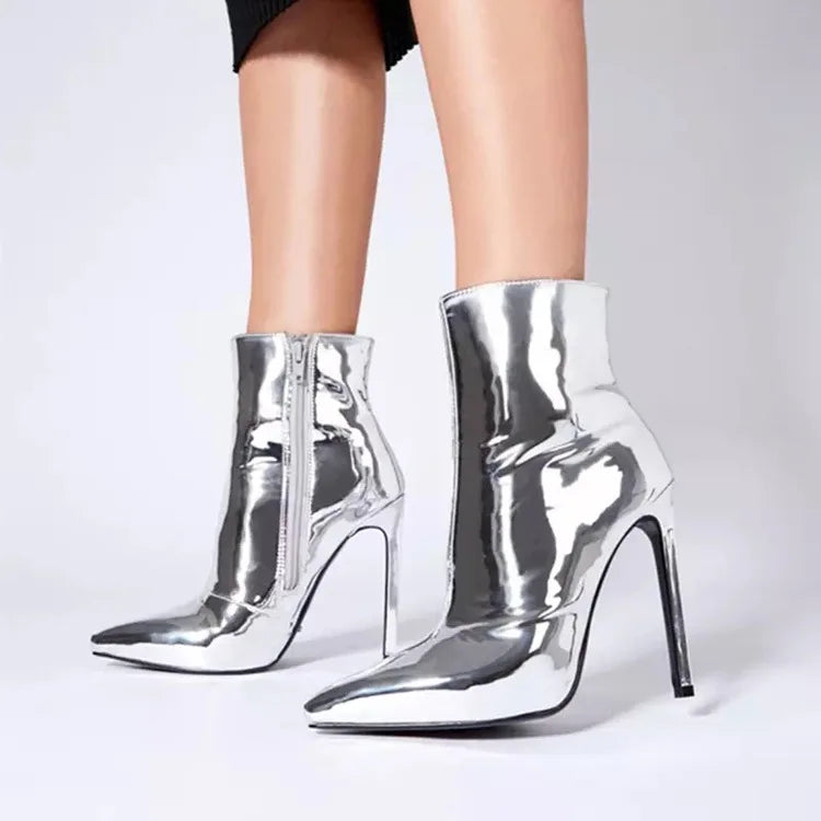 Design Ankle Boots Women Fashion Zipper Pointed  High Heels Gold Silver Patent Leather Short Booties Shoes Catwalk Shoes
