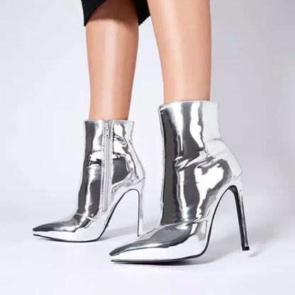 Design Ankle Boots Women Fashion Zipper Pointed  High Heels Gold Silver Patent Leather Short Booties Shoes Catwalk Shoes