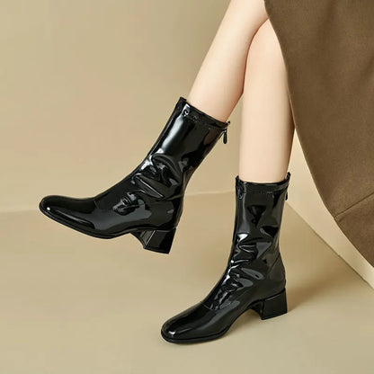 Black Thick Heel Short Boots For Women 4.5CM Fashion Back Zipper Autumn Winter Woman Shoes Square Toe Leisure Daily Ankle Boots
