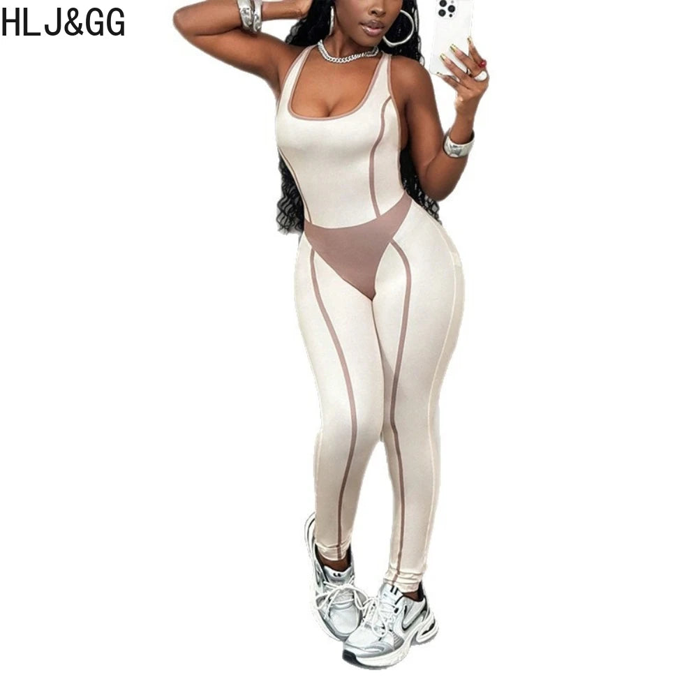 HLJ&GG White Spring New Color Splicing Bodycon One Piece Jumpsuits Women Sleeveless Backless Slim Sporty Playsuit Casual Overall