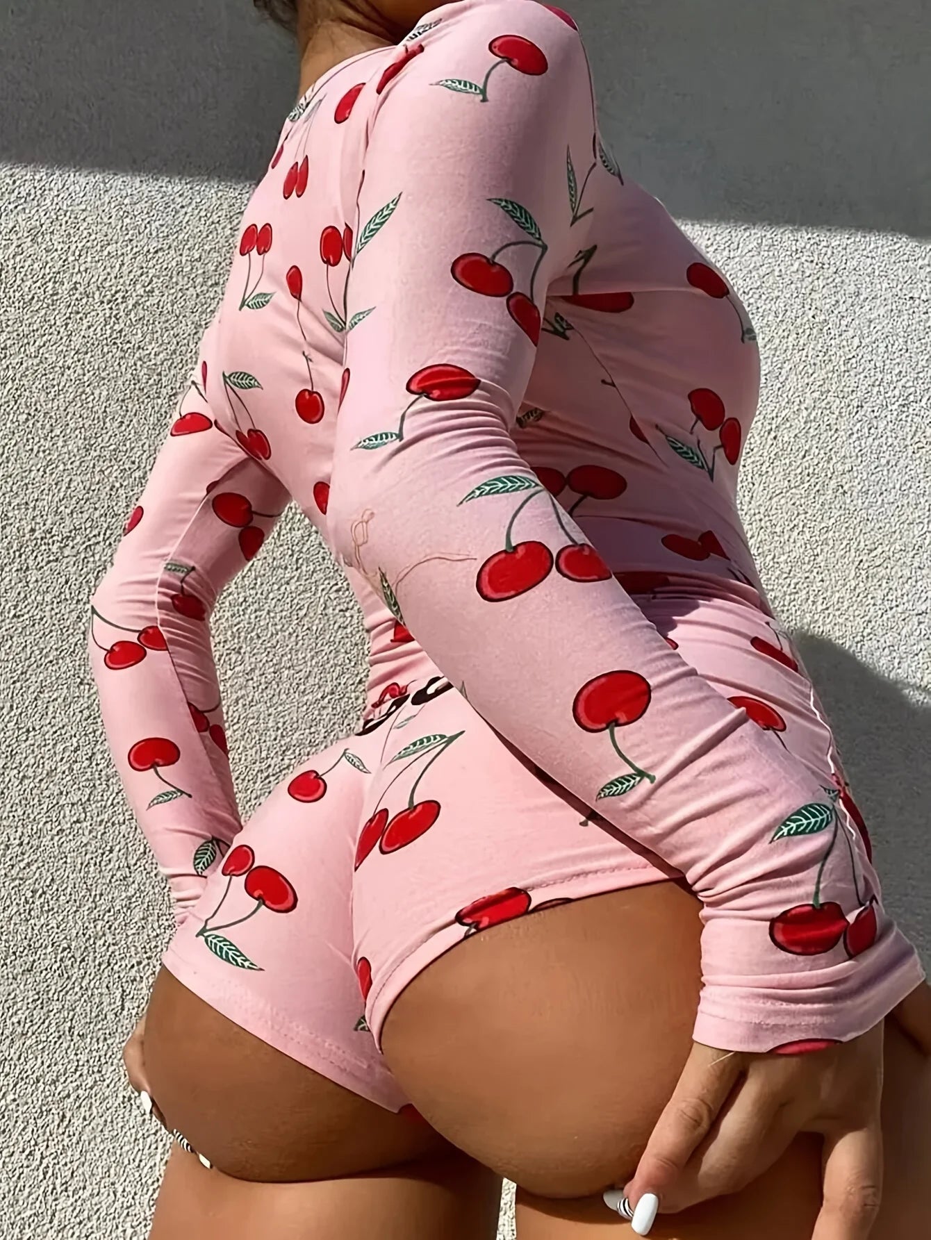 Pajamas Onesies Women's Sexy Bodysuit Casual Cherry Print V-neck Front Button Long Sleeve Slim Fit Jumpsuit Sleepwear