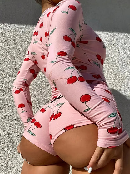 Pajamas Onesies Women's Sexy Bodysuit Casual Cherry Print V-neck Front Button Long Sleeve Slim Fit Jumpsuit Sleepwear