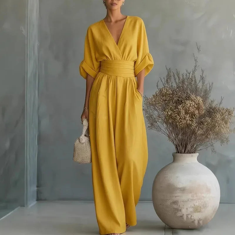 OL Style Solid High Waist Draped Jumpsuits Woman 2026 Spring V Neck Wide Leg Trousers Overalls Casual Half Sleeve Rompers Outfit