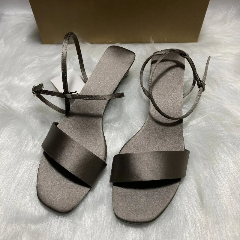 Luxury Satin Ankle Strap Low Heels Women Modern Sandals Summer Elegant Open Toe Brand Designer Large Size Female Office Shoes