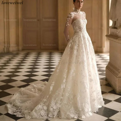 Customized Wedding Dress Gorgeous Long Sleeve Luxury Bride Gowns High Neck Bridal Dresses Lace Applique Vestido De Novia Boda