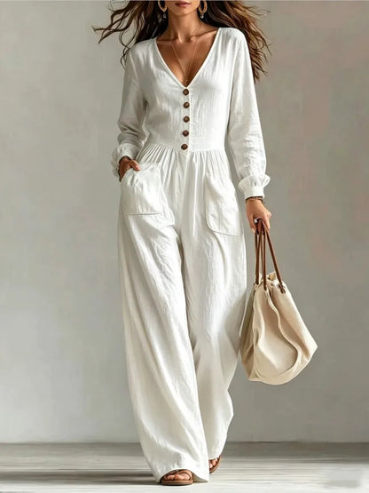 Women White Jumpsuit Deep V Neck Long Sleeve Button Front Wide Leg Rompers Casual Loose Pockets Overalls Vacation Beach Outfit