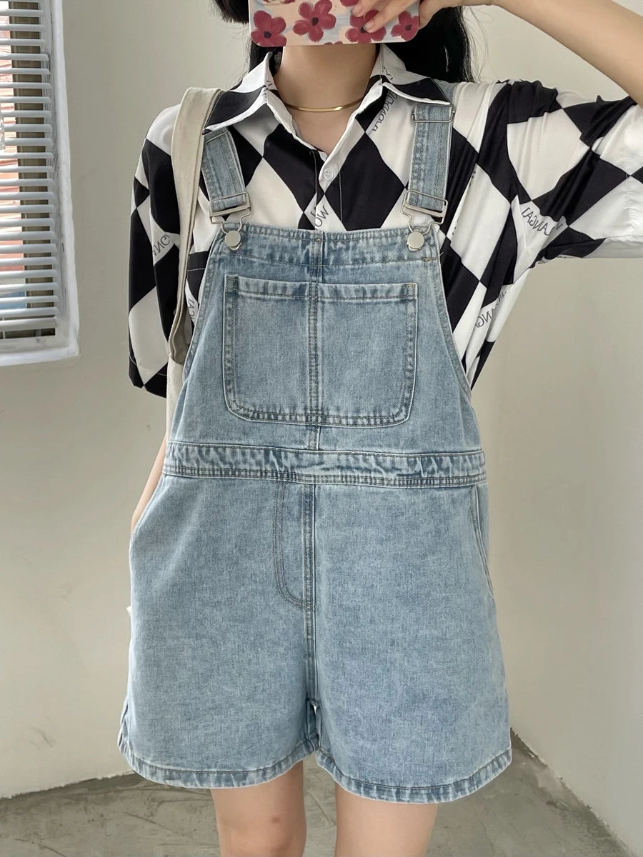 Women's Denim Overalls Short Trousers Wide Leg Loose Fit Thin Jumpsuit Korean Style for Petite Ladies Casual Clothing
