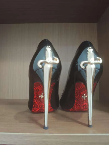 8CM-10CM Fashion Womens High Heel High Quality Metal Scepter Stiletto Pointed Leather Women Shoes Premium Single Shoes for Women