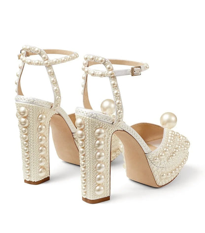 Luxury Full Pearl Platform Heeled Sandals Women White Peep Toe Ankle Strap Block Heels Elegant Bridal Shoes Wedding Prom