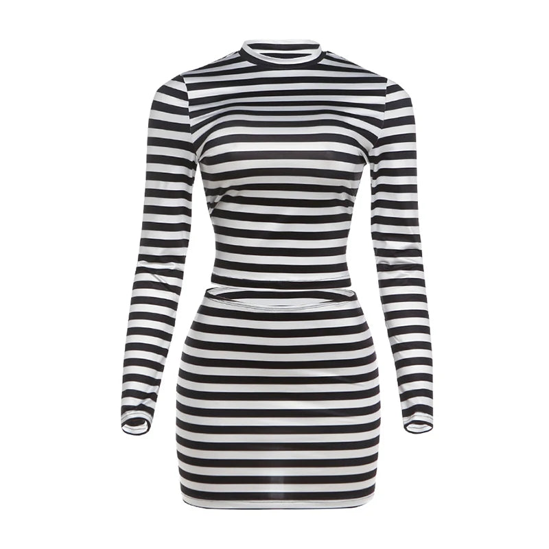 Weird Puss Striped Print 2-Piece Set Women O-Neck Full Sleeve Crop Tops+Mini Simple Skirt Spring Trend Skinny Classic Party Suit