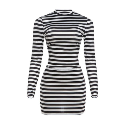 Weird Puss Striped Print 2-Piece Set Women O-Neck Full Sleeve Crop Tops+Mini Simple Skirt Spring Trend Skinny Classic Party Suit