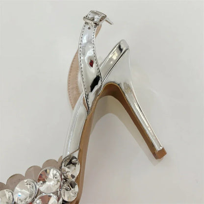 Aneikeh Fashion Stiletto Pumps Summer Silvery Rhinestone Hollow Strap High-heeled Sandals Women Wedding Banquet Shoes