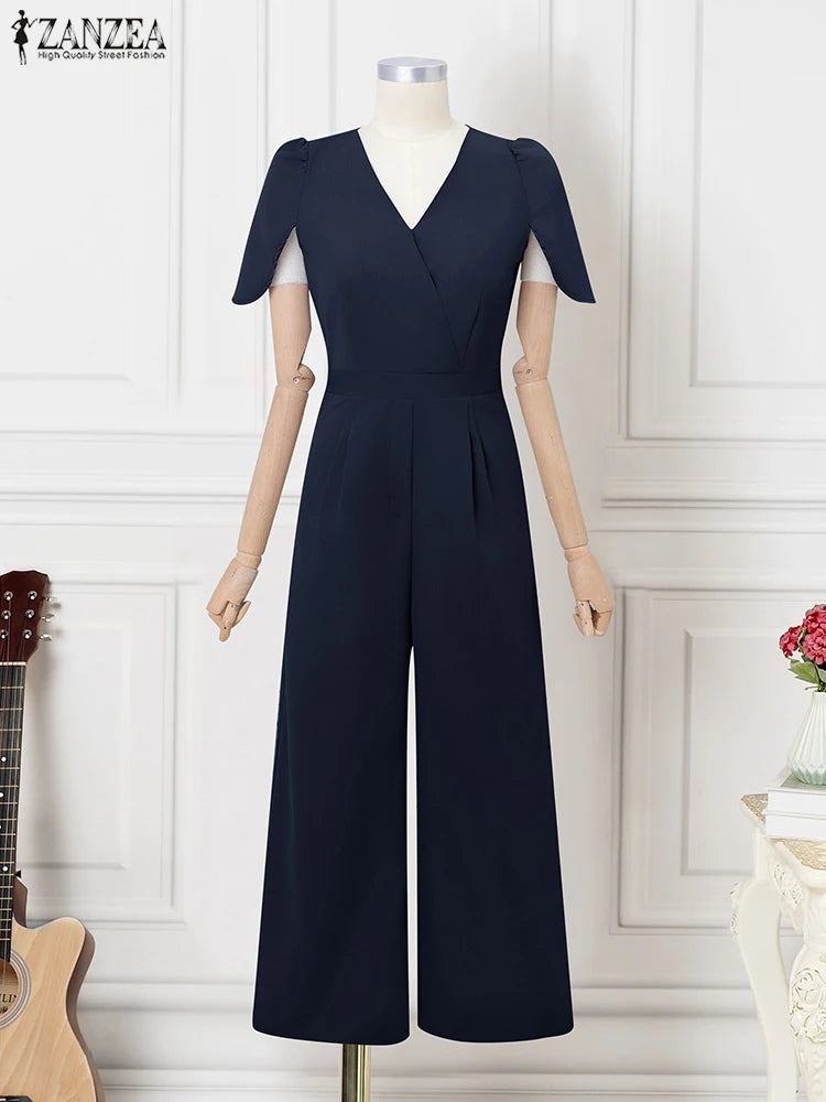 2025 ZANZEA Fashion Summer Women Party Jumpsuits Short Sleeve V-Neck Casual Rompers Playsuits Solid Elegant Pockets Streetwear