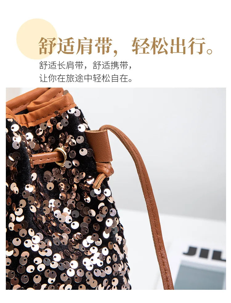 New Chic Multicolor Sequin Shing Shoulder Bag Fashion Versatile Handbag Drawstring Bucket Bag Large Capacity Wallet Purse Bags