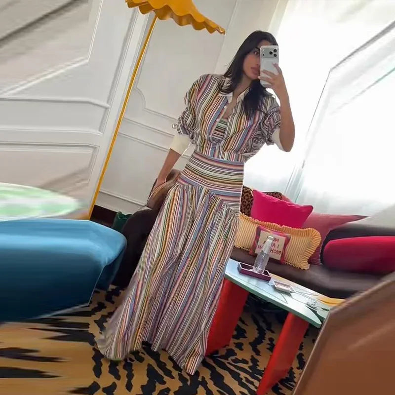 Elegant Colorful Stripe Shirt Skirt Set Women 2026 Puff Sleeve Lapel Shirts High Waist Long Skirts Autumn Lady All-matching Suit