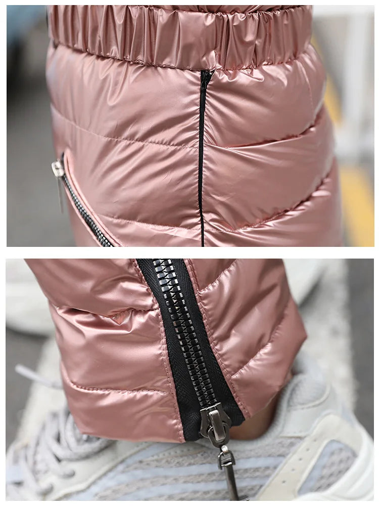 Jumpsuits One Piece Ski Suit Winter Thicken Snow Place Down Cotton Women Suits Warm Hooded Waist Slim Shiny Outdoor Sports
