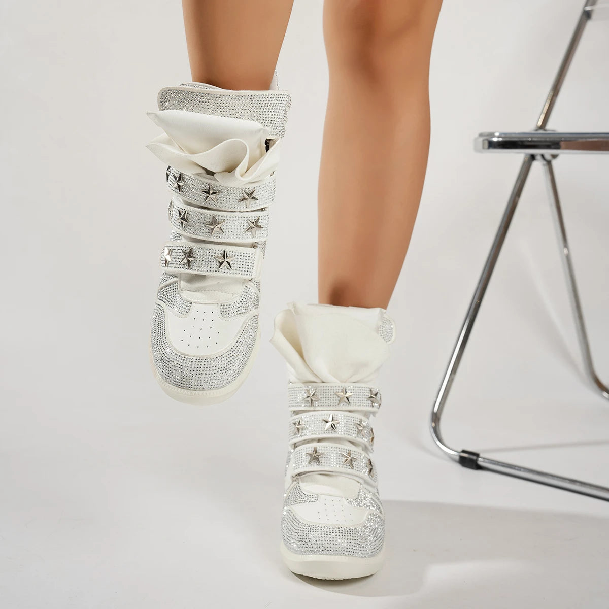 2026 Vintage Rivet Heightened Sneaker Wedge Velcro Casual Bright Diamond Booties