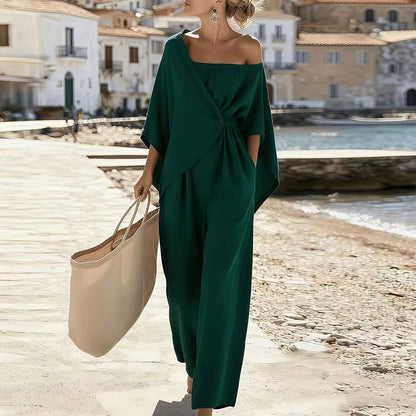 Elegant New Off Shoulder Hollow Jumpsuits Woman Batwing Sleeve Wrap Tie Waist Romper Spring Casual Solid Wide Leg Pants Overalls