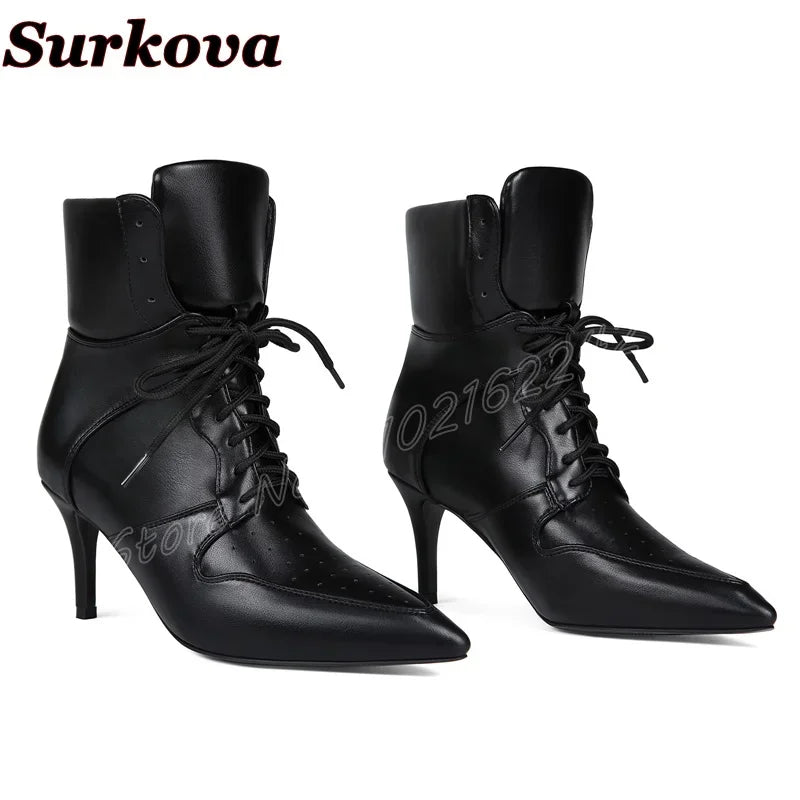 Women'S Black Stitching Lace-Up Short Boots Pointed Toe Stiletto Breathable Sports Boots   Casual All-Match Party Bare Boots 47