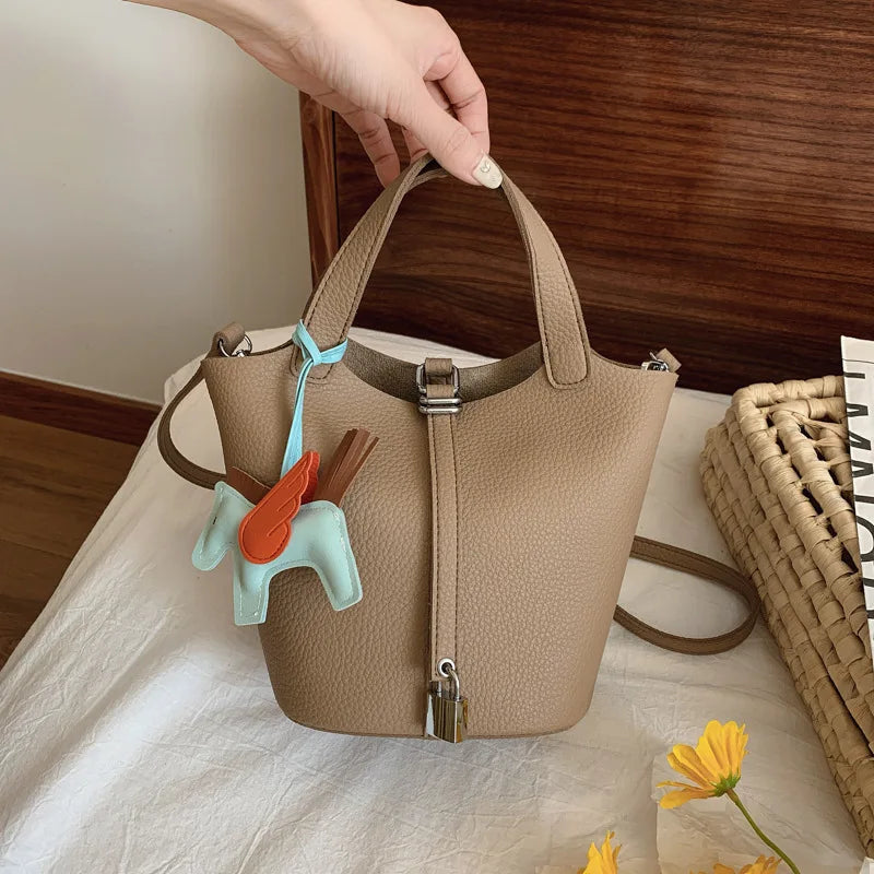 Fashion Vegetable Basket Bucket Bag Women's Autumn New Lychee Pattern Shoulder Bag Simple Solid Color Niche Messenger Bag