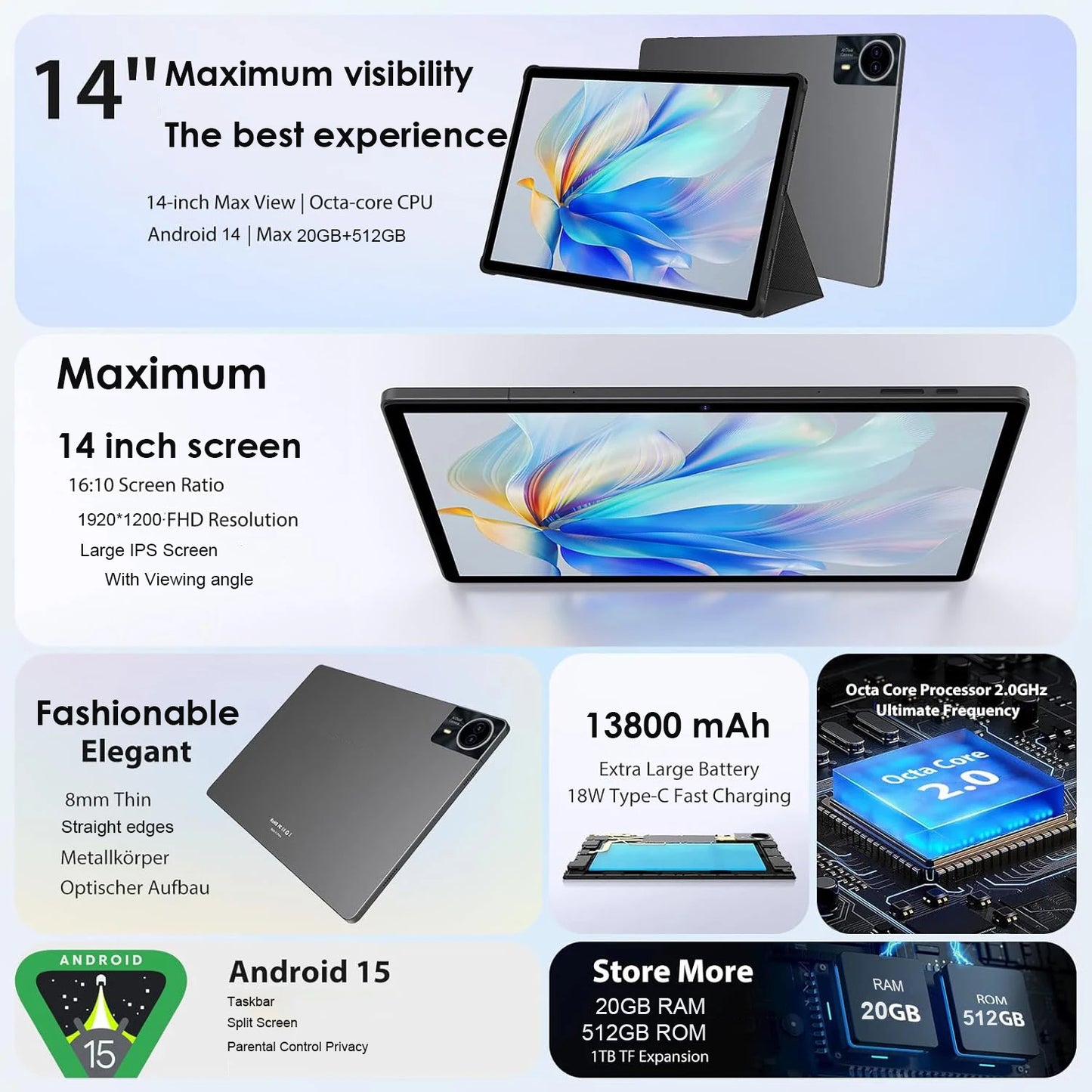 2026 Global Version Android 15 Tablet 14 inch Tablet PC 20GB 512GB 13800mAh Phone Call BT5.0 5G WiFi GPS Google Play Laptop Pads