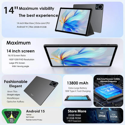 2026 Global Version Android 15 Tablet 14 inch Tablet PC 20GB 512GB 13800mAh Phone Call BT5.0 5G WiFi GPS Google Play Laptop Pads