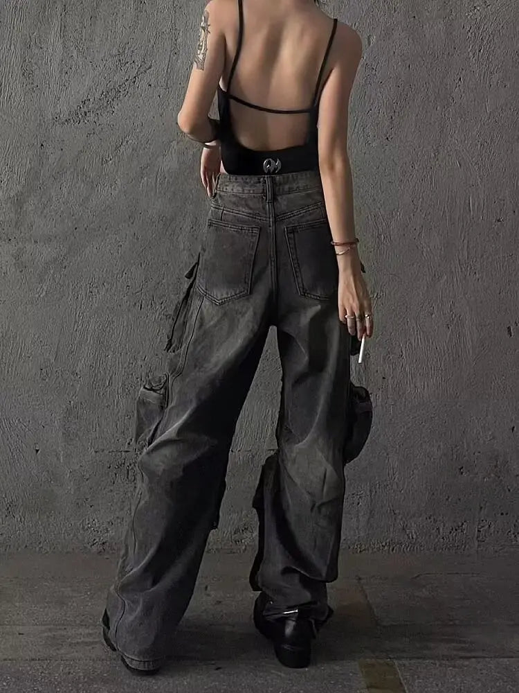 2025 Autumn Winter Large Pocket Women's Denim Trousers Washable Gradient Workwear Parachute Pants Jeans High Waist Long Pants
