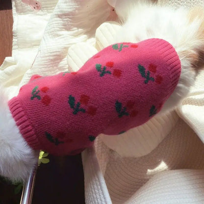 Winter Dog Sweater Cherry Print Dog Clothes Small Dogs Coat Pet Costume Chihuahua Bichon Dachshund Clothing Knitted Warm Sweater