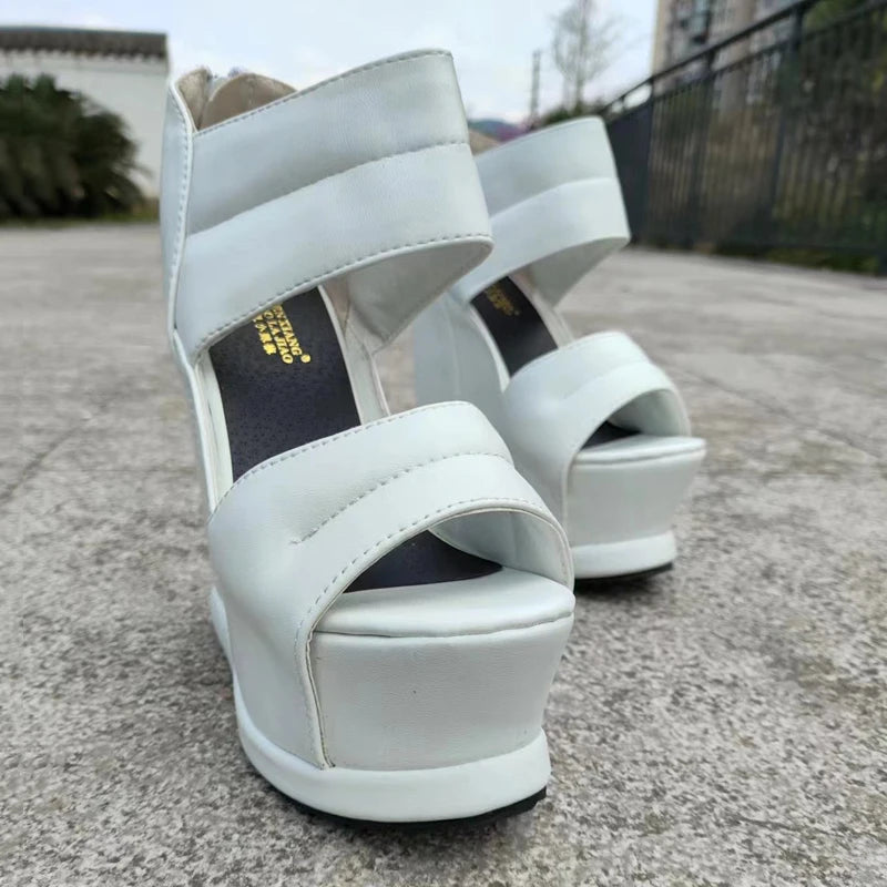 Women Thick Bottom High Heels White Platform Summer Roman Sandals 14CM Gladiator Non-Slip Wedge Shoes Model Sandalies Plus Size
