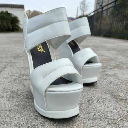 Women Thick Bottom High Heels White Platform Summer Roman Sandals 14CM Gladiator Non-Slip Wedge Shoes Model Sandalies Plus Size