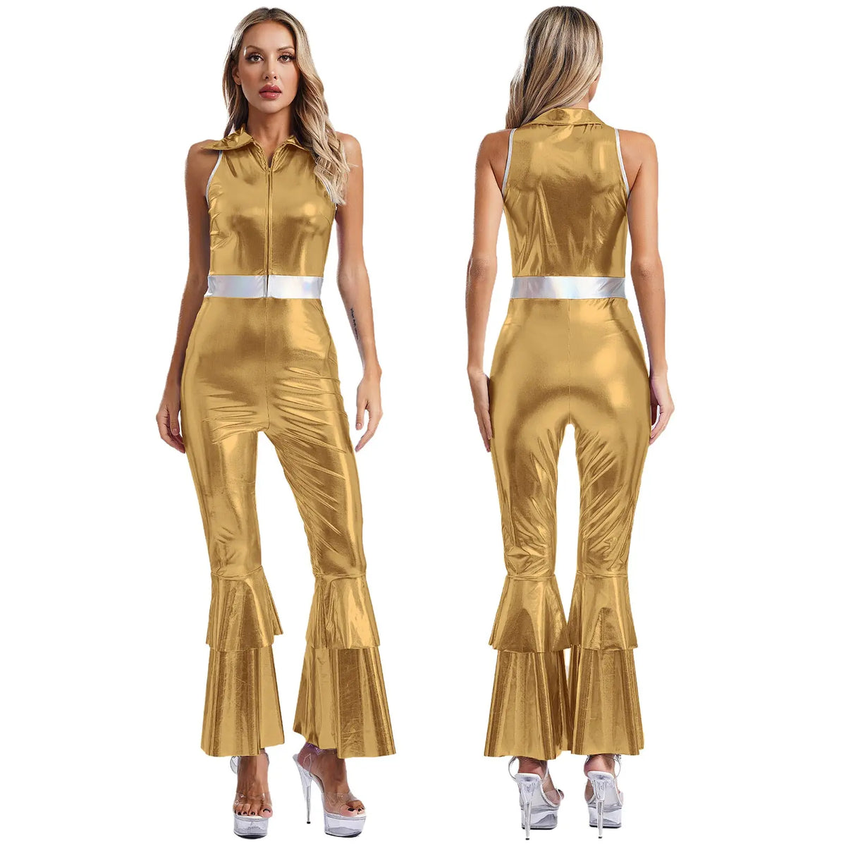 Women Vintage One Piece 70s Disco Dance Rompers Sleeveless Metallic Bell Bottom Flared Pants Jumpsuit for Retro Party Jazz Dance