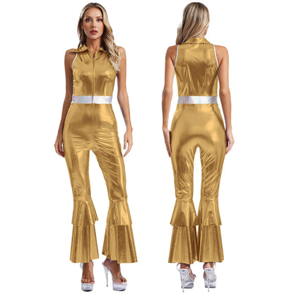 Women Shiny Metallic Jazz Disco Dance Jumpsuit 70s 80s Hippie Costume Sequin Tassels One Shoulder Bell Bottom Bodysuit Rompers