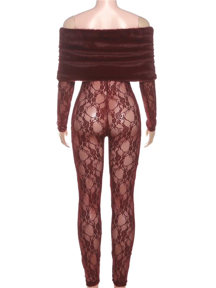 Sisterlinda Sexy Furry Patchwork Jumpsuits Women Coquette See Through Jacquard Slash Neck Full Sleeve Skinny Chic Party Clubwear