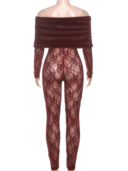 Sisterlinda Sexy Furry Patchwork Jumpsuits Women Coquette See Through Jacquard Slash Neck Full Sleeve Skinny Chic Party Clubwear